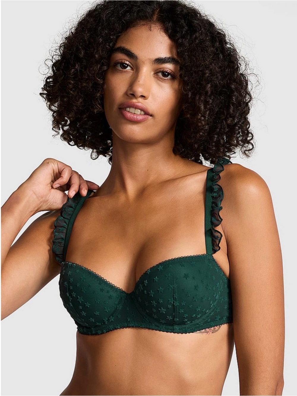 Victoria's Secret Deep Green Star-Embroidered Balconette Bra with Ruffle Straps
